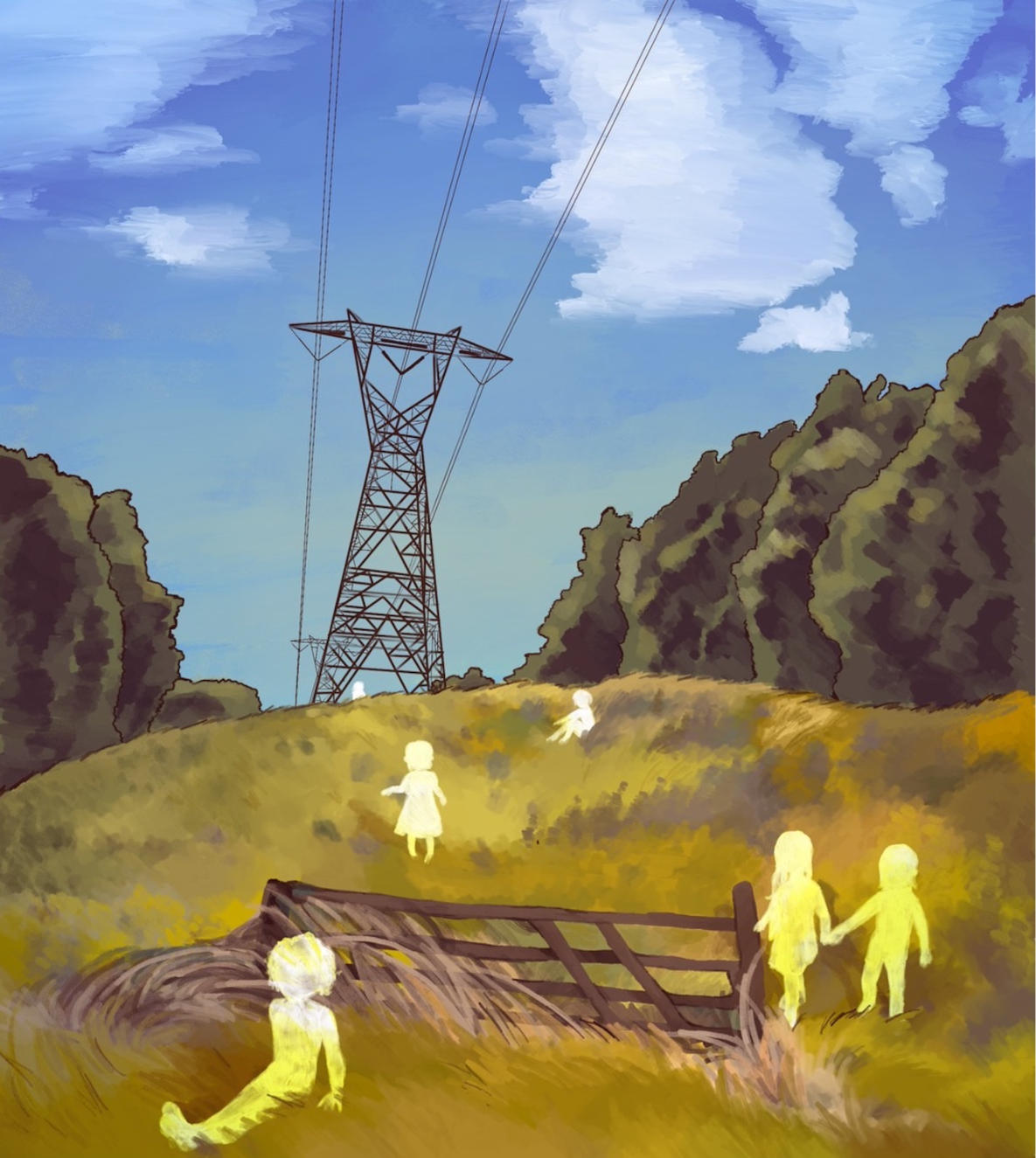 Golden Field - Power lines tower over glowing figures in pastoral landscape