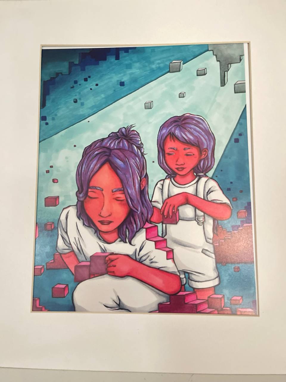 Digital Builders - Two figures with purple hair building with pink blocks